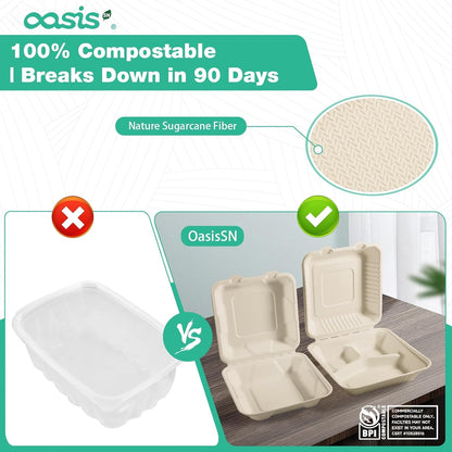 𝟴𝘅𝟴", 𝟲𝟴-𝗣𝗮𝗰𝗸 3-Compartment Clamshell Takeout Containers, 100% Compostable Heavy-Duty Disposable Paper Lunch Boxes(White)