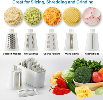 Rotary Cheese Grater hand crank 3 blades with Stronger Suction Base | Stainless Steel Blades for Fruits, Vegetables, Nuts. Dishwasher Safe & Easy to Clean, Transparent Black & Blue