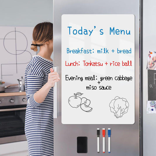 Magnetic Fridge White Board Paper, 8" x 12" 2 Pack Small Dry Erase Board Sheet for Organizer and Planner, Kitchen Refrigerator Whiteboard for Family to-do List, Includes Markers and Eraser