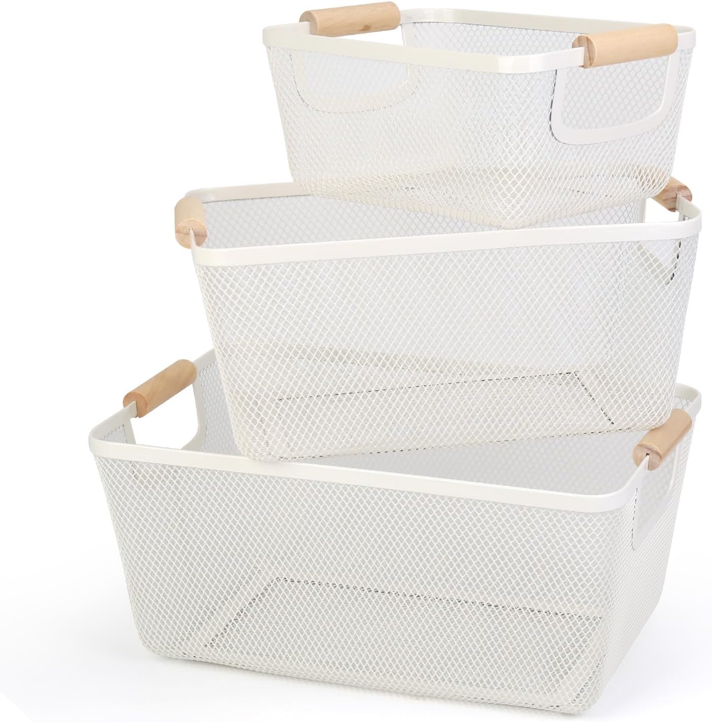 Wire Basket, 3 Pack Metal Mesh Pantry Basket with Wooden Handle for Organizing, 3 Sizes Black Wire Steel Bins Pantry Organizers and Storage, Kitchen Fruit Containers for Shelves Cabinets Organization