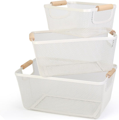 Wire Basket, 3 Pack Metal Mesh Pantry Basket with Wooden Handle for Organizing, 3 Sizes Black Wire Steel Bins Pantry Organizers and Storage, Kitchen Fruit Containers for Shelves Cabinets Organization