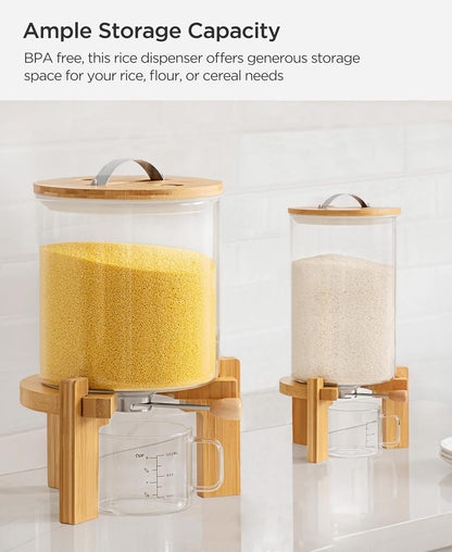 HBlife 5-7 Lbs Glass Rice Dispenser with Wooden Stand Flour and Cereal Container with Glass Measuring Cup Pantry Food Organization Storage Bin with Airtight Bamboo Lid, 3L