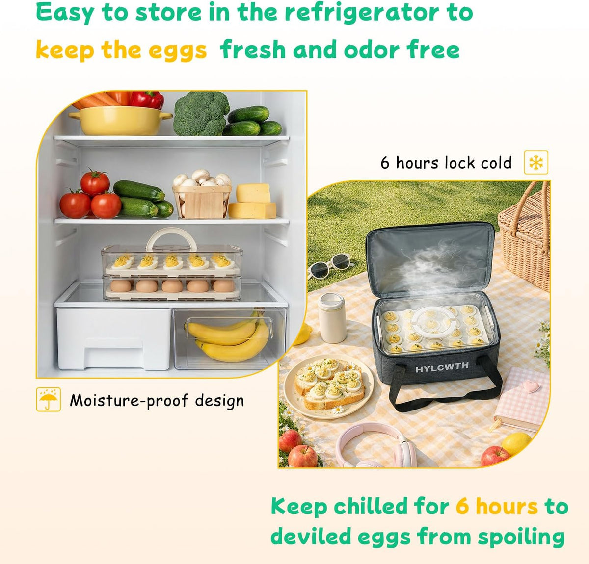 2 Pack Deviled Egg Containers with Lid, Durable Deviled Egg Platter, Fridge Portable Egg Tray with Lids for Party, Thickened Deviled Egg Carrier with Portable Insulated Bag and Piping Decorating Kit