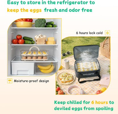 2 Pack Deviled Egg Containers with Lid, Durable Deviled Egg Platter, Fridge Portable Egg Tray with Lids for Party, Thickened Deviled Egg Carrier with Portable Insulated Bag and Piping Decorating Kit