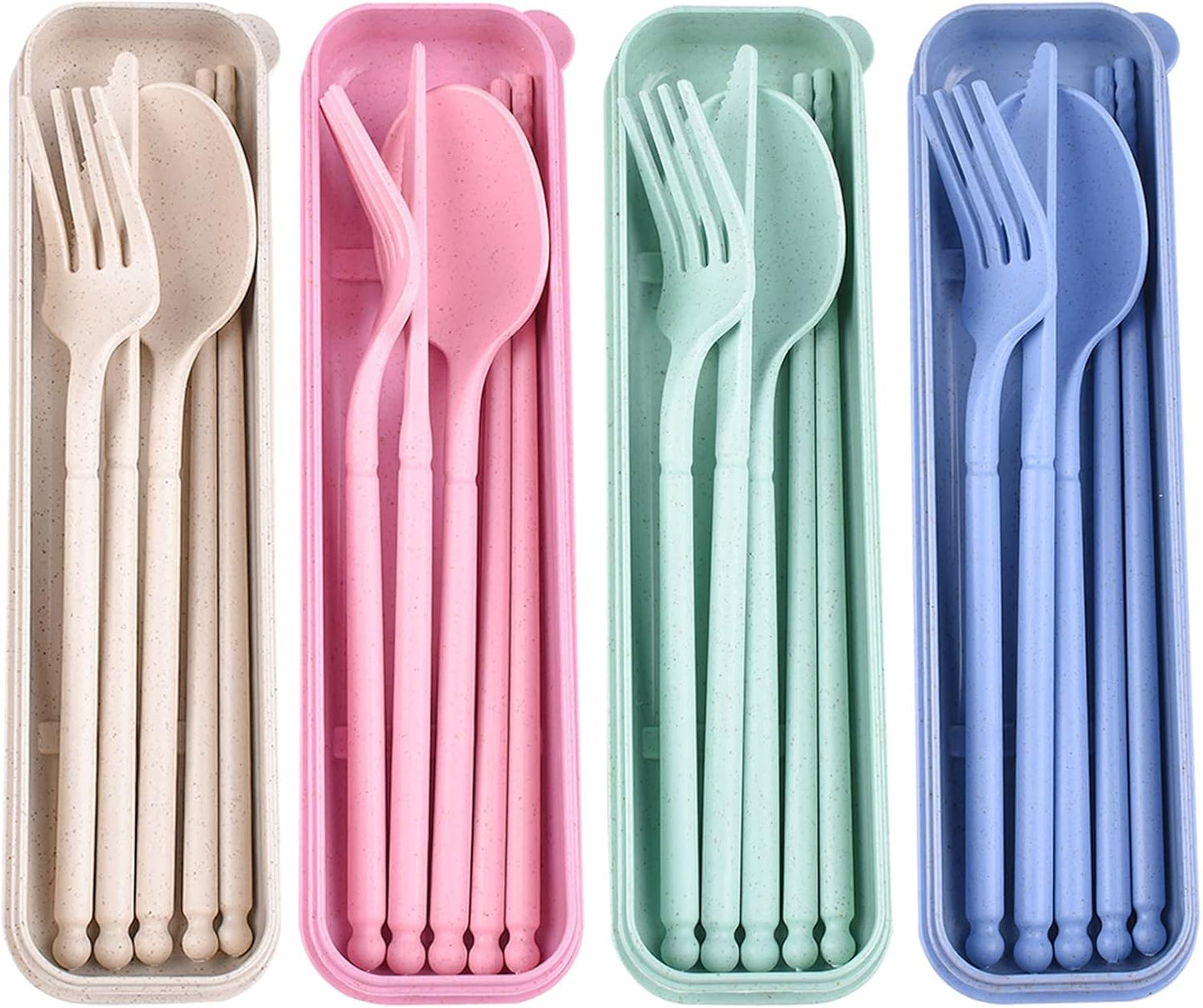 Reusable Travel Utensils Set with Case, 4 Sets Plastic Portable Knife Fork Spoons Tableware for Kids Adults Travel Picnic Camping Utensils