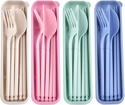 Reusable Travel Utensils Set with Case, 4 Sets Plastic Portable Knife Fork Spoons Tableware for Kids Adults Travel Picnic Camping Utensils