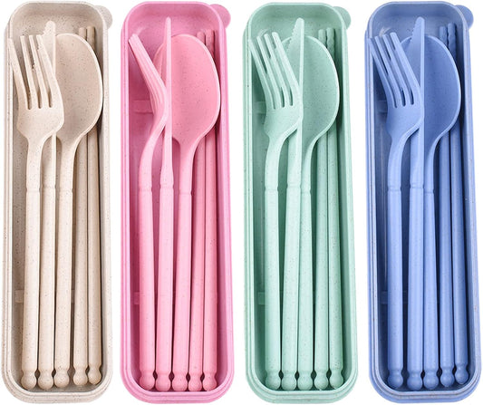 Reusable Travel Utensils Set with Case, 4 Sets Plastic Portable Knife Fork Spoons Tableware for Kids Adults Travel Picnic Camping Utensils