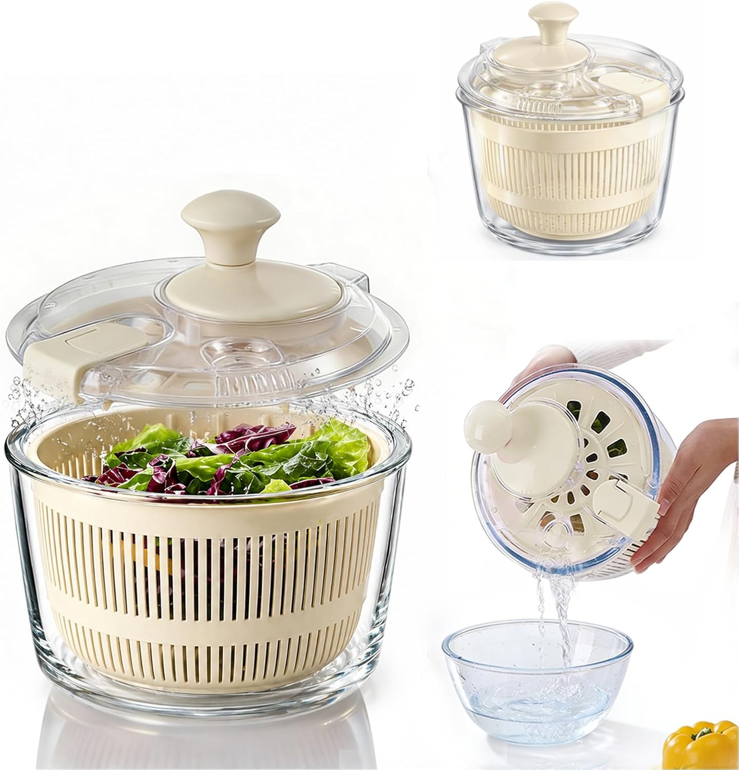 Glass Salad Spinner 3.2 Qt, Small Salad Spinner with Glass Bowl Removable Lid for Easy Cleaning Dishwasher Safe Glass Bowl Vegetable and Fruit Washer Dryer with Drain Spout Crank Handle White