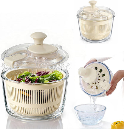 Glass Salad Spinner 3.2 Qt, Small Salad Spinner with Glass Bowl Removable Lid for Easy Cleaning Dishwasher Safe Glass Bowl Vegetable and Fruit Washer Dryer with Drain Spout Crank Handle White
