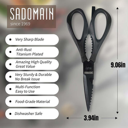 Kitchen Scissors All Purpose, Extra Sharp Kitchen Shears with Knife Sharpener & Sheath, Solid & Durable Stainless Steel Scissors with ANTI-RUST Black Titanium Plated, Dishwasher Safe - Black
