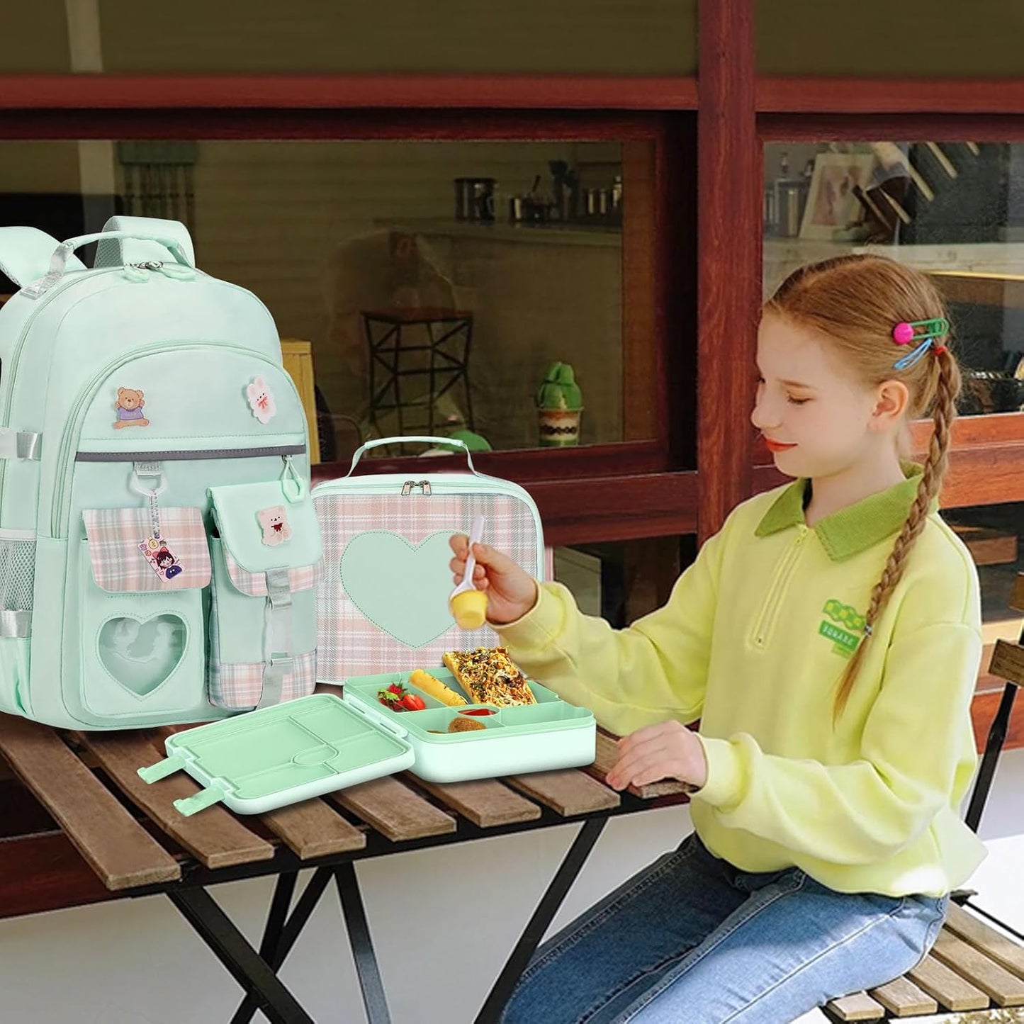 ACESAK Girls Backpack - Bento Box with Insulated Lunch Bag Pencil Case & Utensils Set for Kids, 6 Leakproof Compartments Removable Tray Lunches or Snack Container for School (Green)