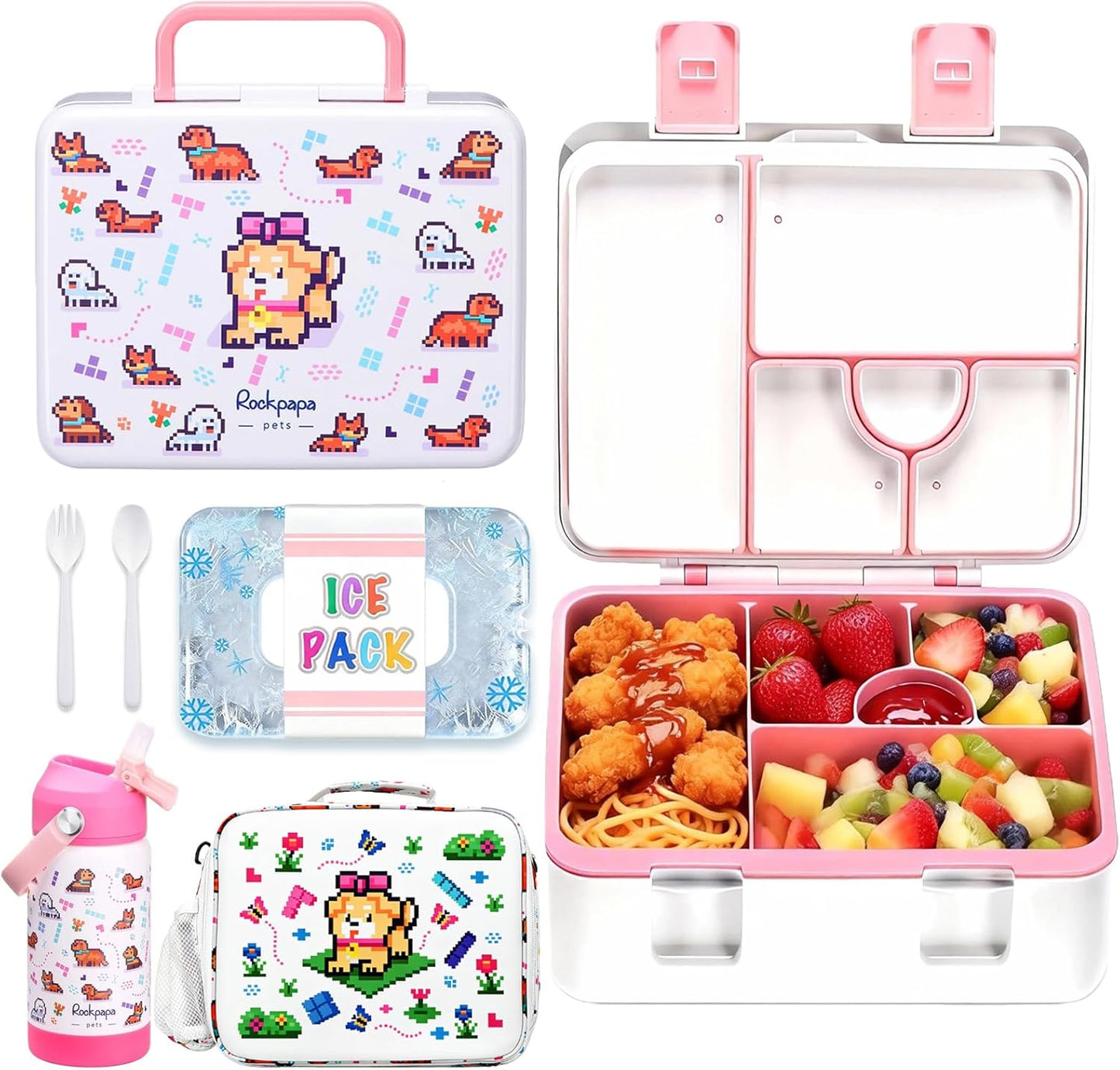 rockpapa Chill Kids Lunch Box Set with Leakproof 5.5 Cups Bento Box, Reusable Ice Pack, 14oz Insulated Water Bottle & Lunch Bag, BPA-Free Microwave Safe for School Boys Girls (Black Games)