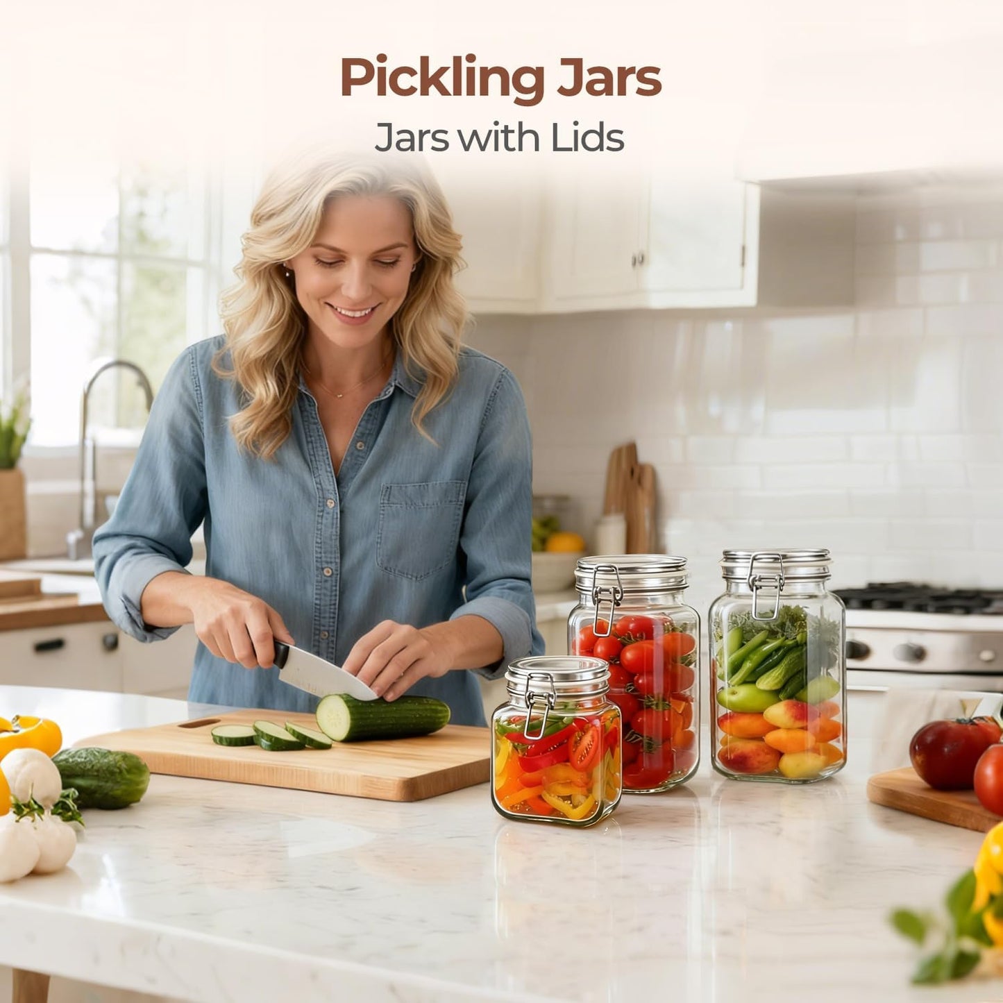 ComSaf Set of 3 Square Glass Jars with Airtight Lids (51 Oz) — Wire Clamp Canisters for Small-Batch Pickling, Kimchi, Bulk Dry Food, Wide Mouth Space Saving Kitchen Pantry Organization Jars