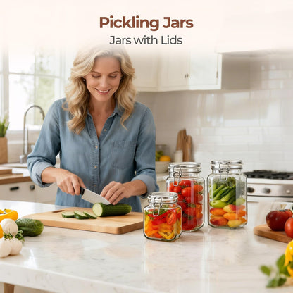 ComSaf Set of 3 Square Glass Jars with Airtight Lids (51 Oz) — Wire Clamp Canisters for Small-Batch Pickling, Kimchi, Bulk Dry Food, Wide Mouth Space Saving Kitchen Pantry Organization Jars