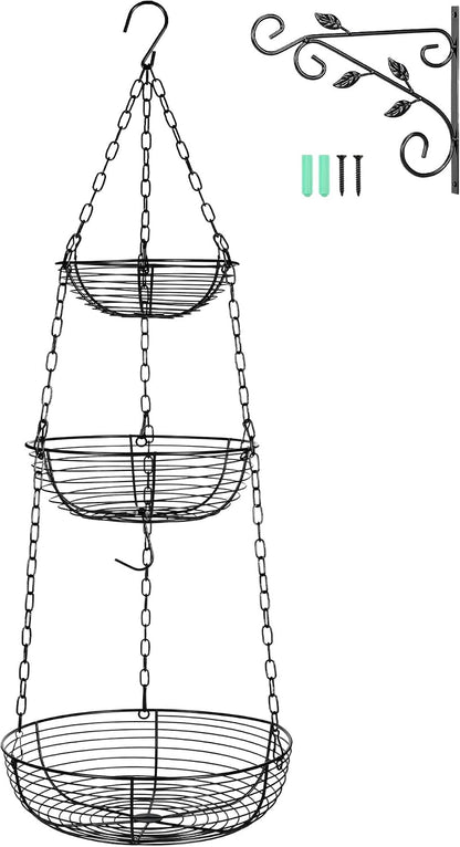 FANGSUN 3-Tier Hanging Fruit Basket for Kitchen Counter with Banana Hook, 36-Inch Heavy-Duty Wire Fruit Baskets with Leaf-Shaped Bracket for Kitchen Organizing Potato & Vegetable