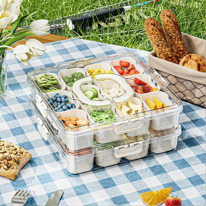Divided Serving Tray with Lid and Handle,Snack tray Storage Organizer with lid,Portable Snackle Box Charcuterie Container,Snack Platters for Fruit, Nuts, Candy, (2 Pack-12 Compartments)
