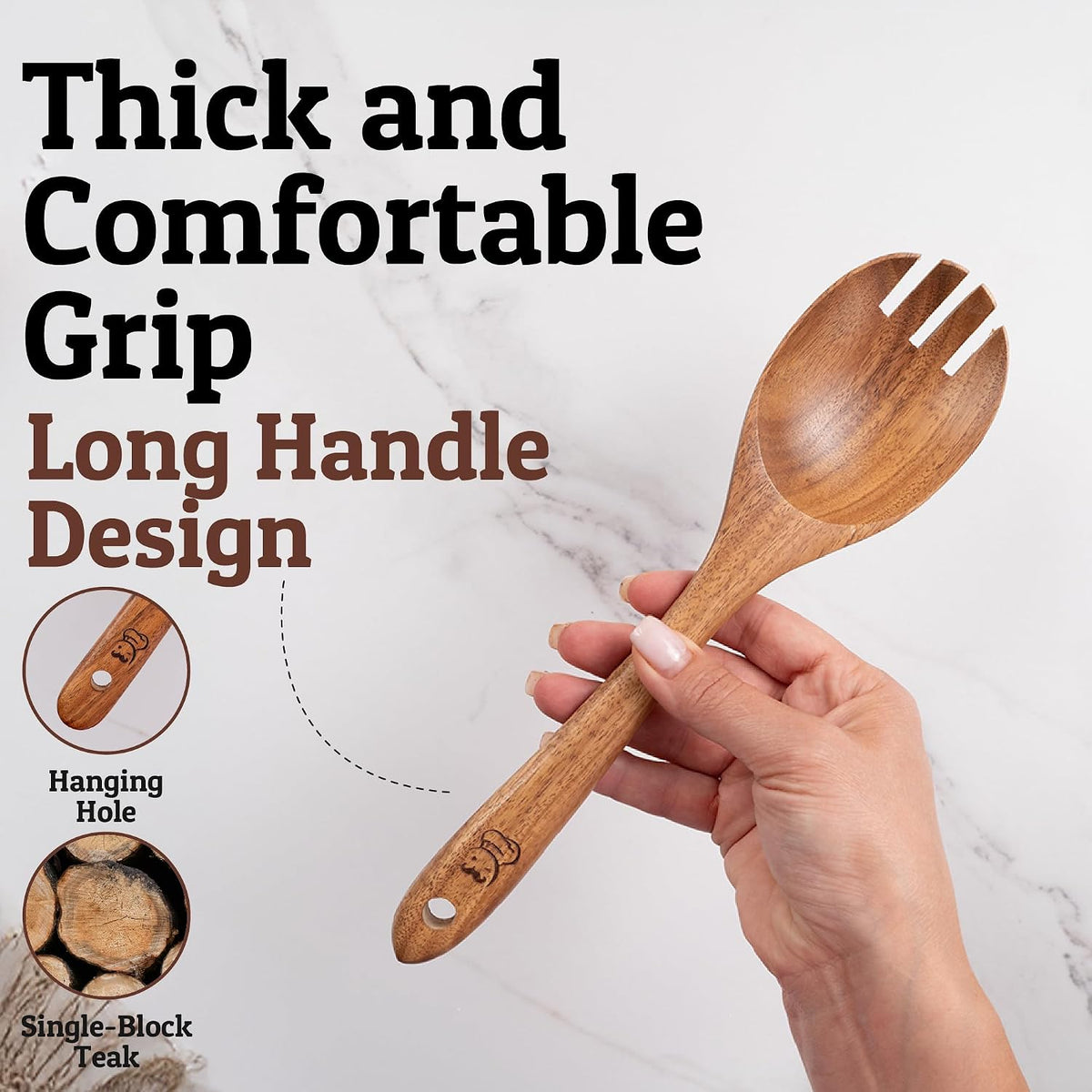 PriorityChef Wooden Slotted Spoon - Premium Teak Cooking Utensil for Frying, Straining & Serving - Long Handle Kitchen Spoon for Nonstick Cookware - Handcrafted Durable Wood