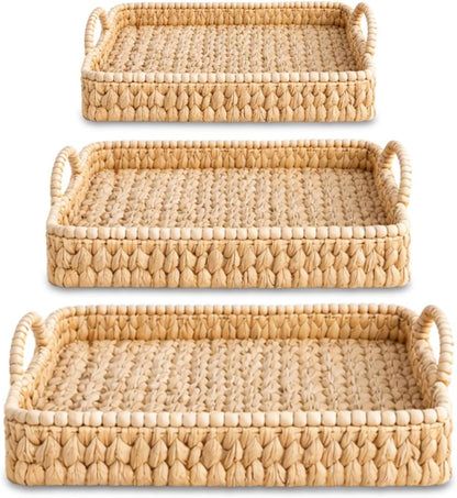 Set of 3 Beaded Hand-Woven Water Hyacinth Storage Baskets – Rectangular Wicker Baskets for Organizing Shelves, Pantry & Home Decor – Eco-Friendly Basket Storage with Sturdy Handles
