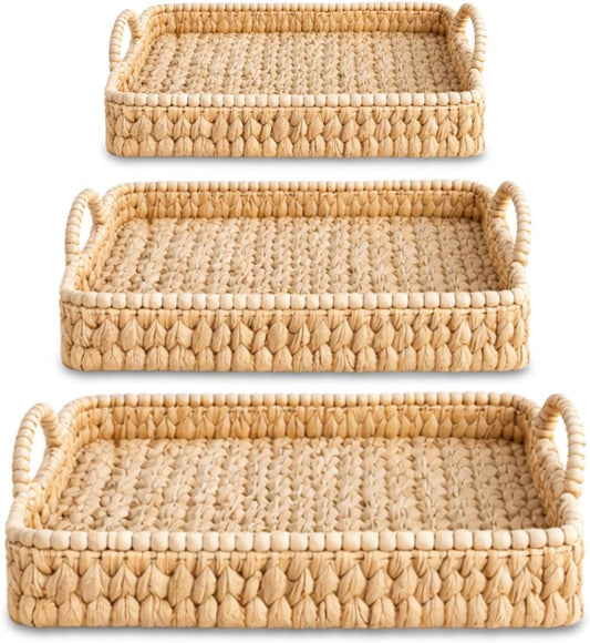 Set of 3 Beaded Hand-Woven Water Hyacinth Storage Baskets – Rectangular Wicker Baskets for Organizing Shelves, Pantry & Home Decor – Eco-Friendly Basket Storage with Sturdy Handles