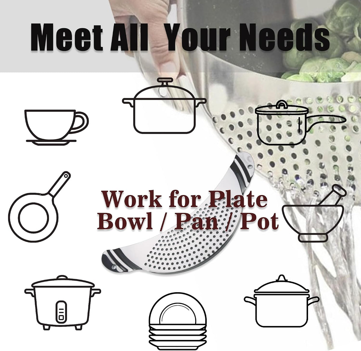 Pot Strainer Stainless Steel 2 Pack, Pasta Strainer, Metal Food Strainer for Noodles Fruit Veggies, Suitable for Pots or Containers Up to 10 Inches