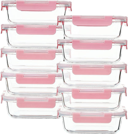 Glass Food Storage Containers 10 Pack - 22Oz Meal Prep Container Set with Lid, Airtight Snap Lock, Microwave Freezer Oven Dishwasher Safe, Lunch Box for Work, Grey