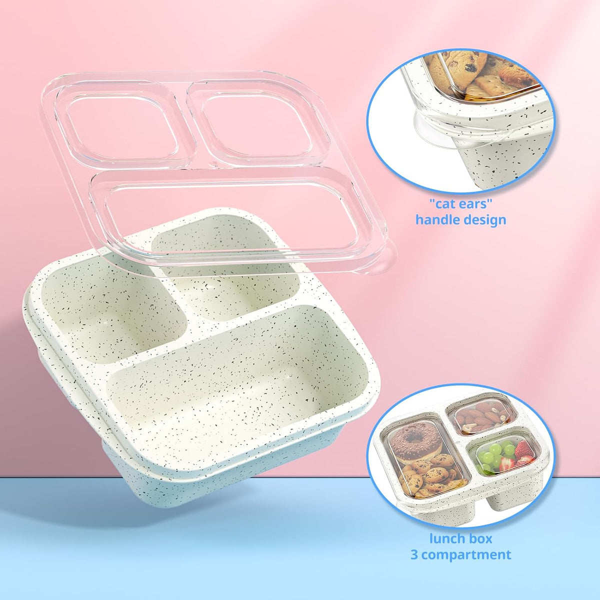 Snack Boxes (3 Pack) - Stackable Bento Boxes with 3 Compartments, Meal Prep Containers Reusable, Lightweight Lunch Containers for Kids and Adults, BPA Free (Blue)