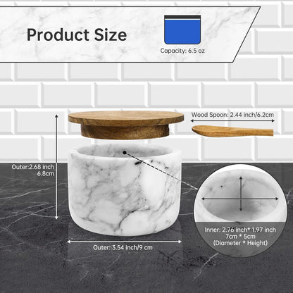 Salt and Pepper Bowl, Marble Salt Cellar and Spices Storage Container With Built-in Spoon and Acacia Wood Lid - 6.5oz Capacity (White)