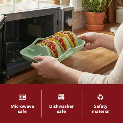 Li&Zhao Silicone Taco Holders Set of 2 - Reusable Taco Plates with Sauce Compartments, Microwave Safe, for Kitchen, Party, Fiesta,Soft Shell Tacos, Serving Taco Tray with Handle