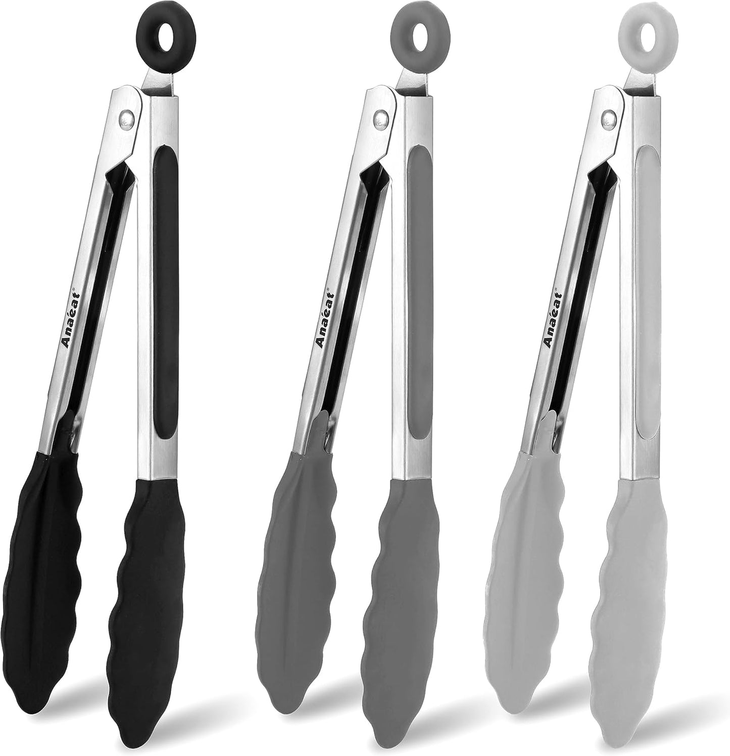 Anaeat Premium Kitchen Locking Tong Set of 3 - Heavy Duty Stainless Steel Food Tongs with Long Handle & Non-Slip Silicone Grip for Cooking, Baking, Grilling - Heat Resistant up to 480°F