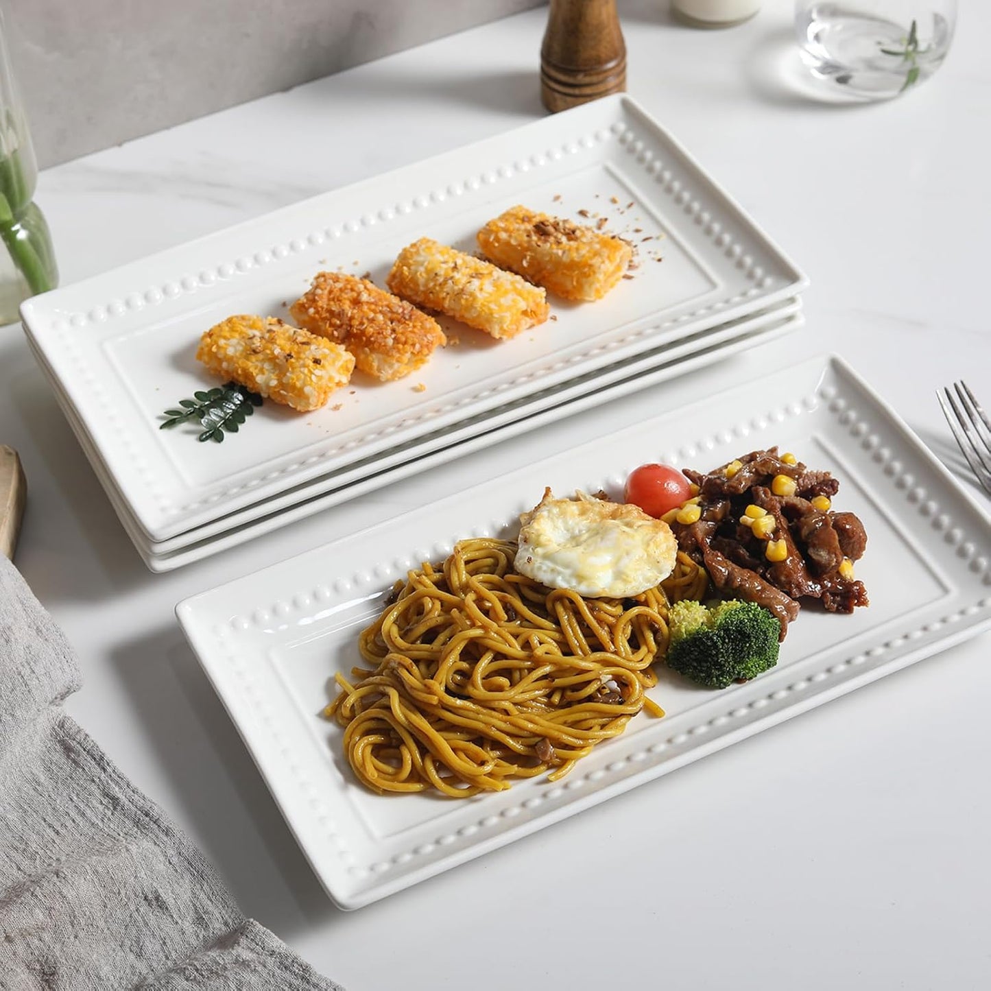 14 inch Ceramic Serving Platter - Rectangular Serving Trays Set of 4, Large Embossed Plates, Porcelain White Platters for Steak, Appetizer, Dessert, Tacos, Housewarming, Oven Dishwasher Safe