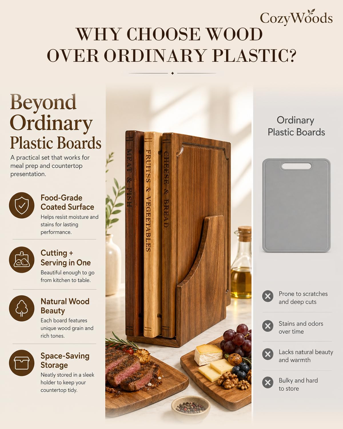 Book Cutting Board Set with Stand,3-Piece Real Hardwood Kitchen Boards
