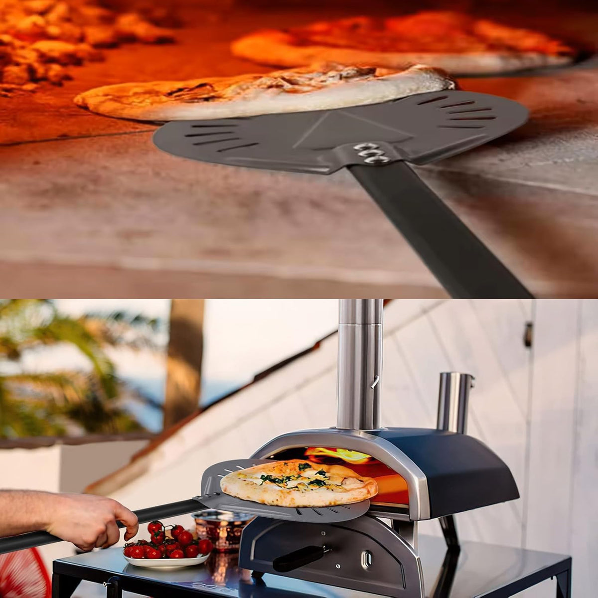 Pizza Oven Accessories Kit w/Pizza Oven Brush & Stone Scraper, 8 inch Pizza Turning Peel - Tools & Supplies Set - Compatible with Outdoor Ooni, Gozney, Ninja, Solo Ovens