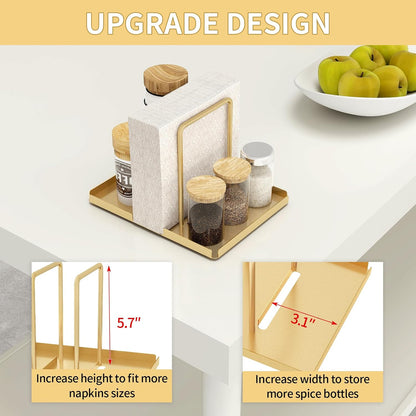 LSK Napkin Holder, Metal Napkin Holder for Table with Salt and Pepper Shakers Caddy, Napkin Storage Dispenser for Kitchen Dinner Table and Picnic Decors, Gold