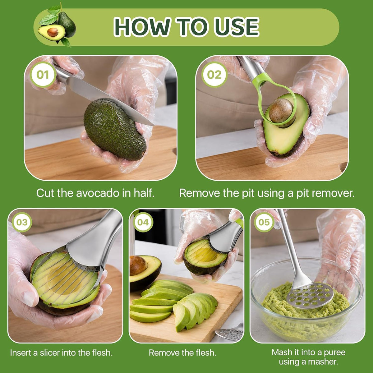 102 Pcs 3-in-1 Avocado Slicer Tool & Masher, Disposable Clear Gloves