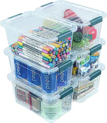 EOENVIVS Plastic Storage Bins with Lids 6 Pack, 7 Quart Storage Containers With Black Buckle Latch, Stackable Storage Organizers for Home Pantry Office Classroom Organization, Clear