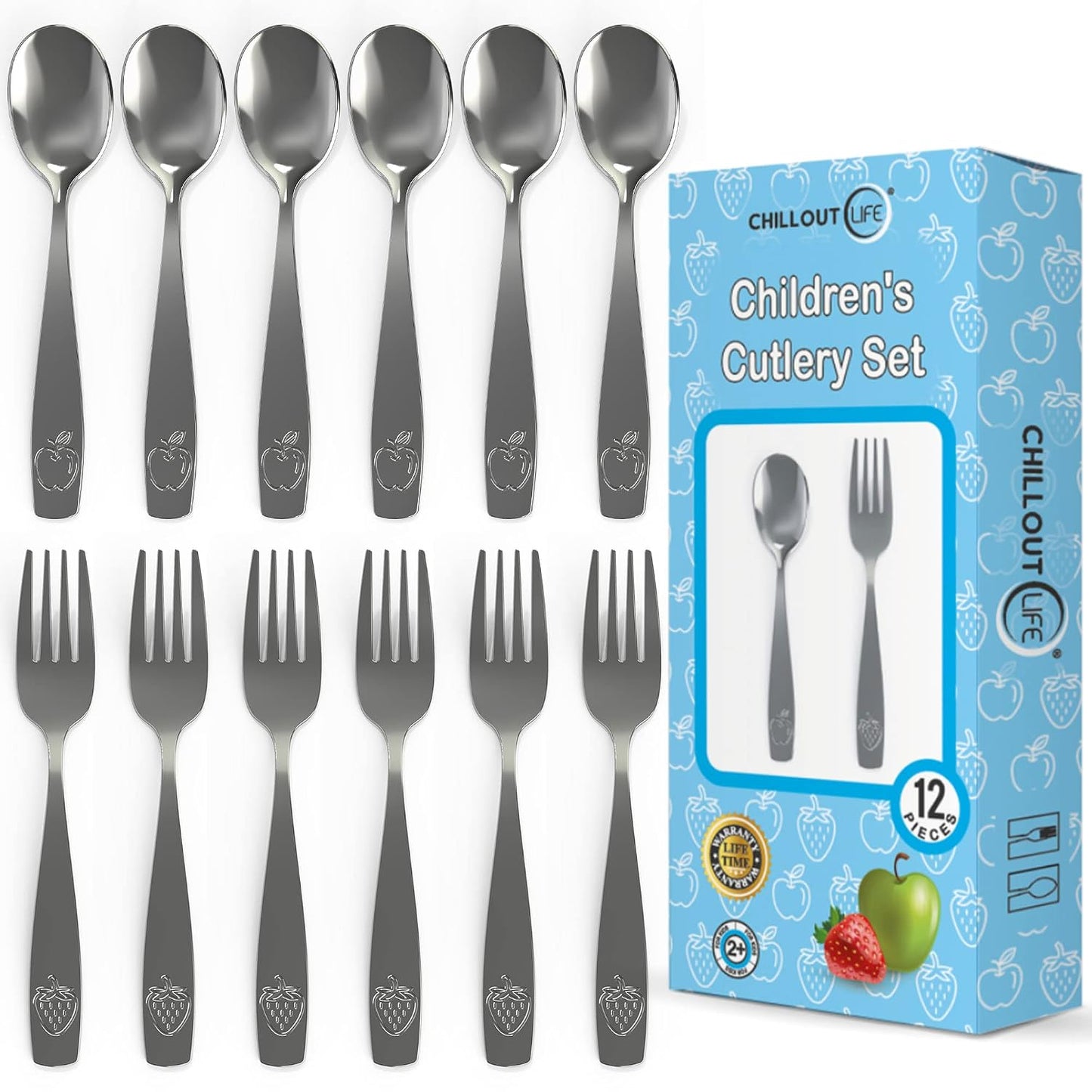 CHILLOUT LIFE Stainless Steel Kids Silverware Set 15 Pieces - Child and Toddler Safe Flatware - Kids Utensil Set - Metal Kids Cutlery Set Includes 5 Small Kids Spoons, 5 Forks & 5 Knives