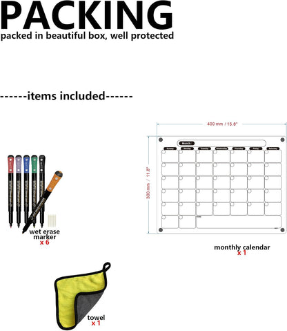 Acrylic Magnetic Calendar for Fridge, Set of 2 Clear Dry Erase Calendar Reusable Planning Boards Monthly & Weekly Black, with Wet Erasable Markers 16" x 12" inches