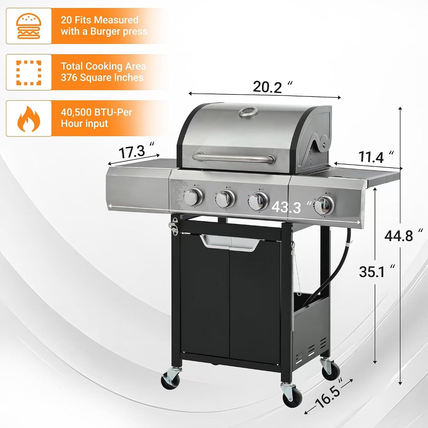 3-Burner Propane Gas Grill, 30,000 BTU Stainless Steel Outdoor BBQ Grill with Lid, Side Shelves & Wheels for Patio, Garden and Backyard Cooking