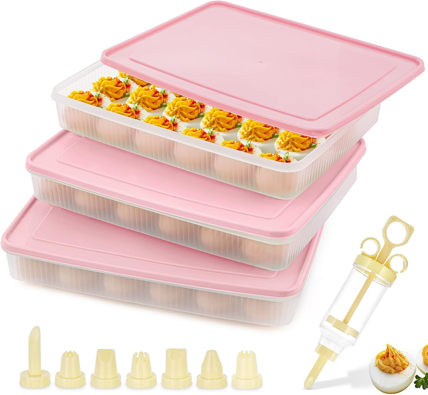 3 Pack Deviled Egg Containers with Lid and 8 Pcs Deviled Egg Injector Piping Tool, Egg Organizer for Refrigerator, Fridge Stackable Countertop Portable Egg Platter (pink,blue,green)