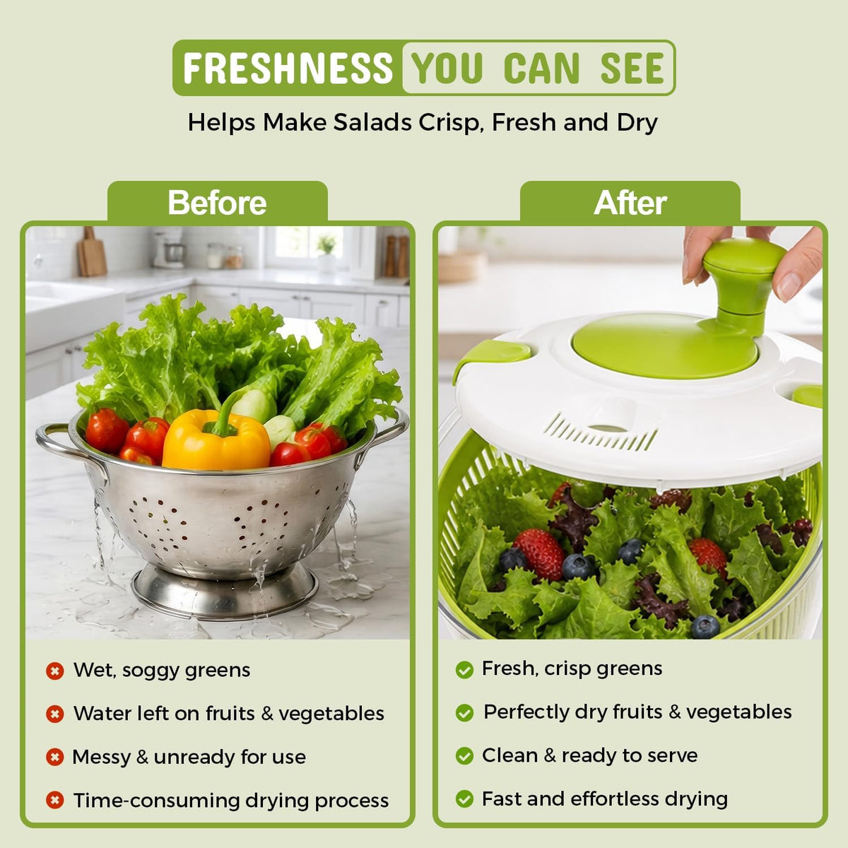 Salad Spinner, Lettuce Spinner with Drain, 5.3 Quarts Capacity.