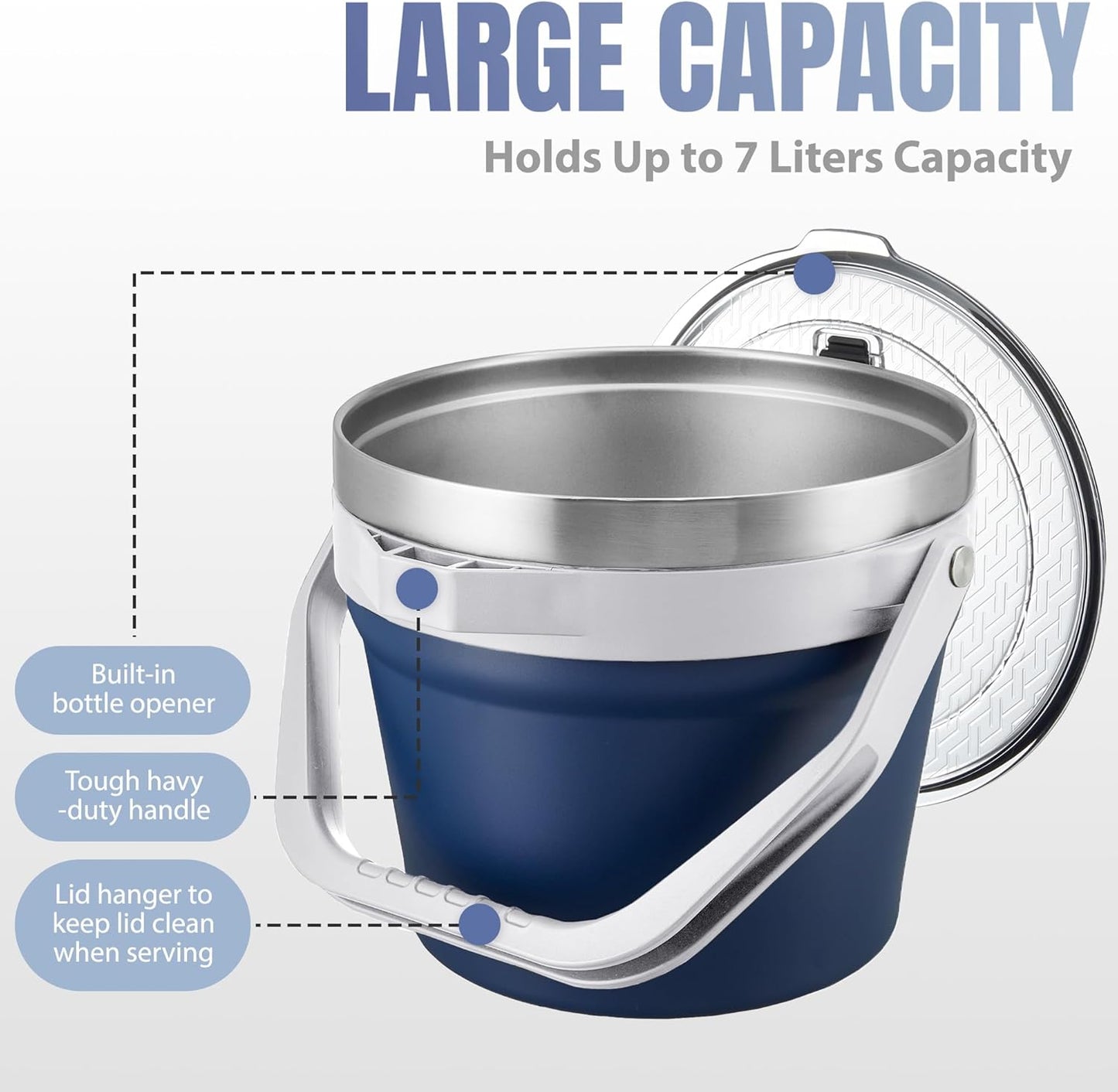 COKTIK 7L Vacuum Insulated Ice Bucket with Lid and Scoop& Tongs，Large capacity Stainless Steel Beverage Bucket for Cocktail, Champagne, Wine, Beer，Large Parties（Milk White Suit）