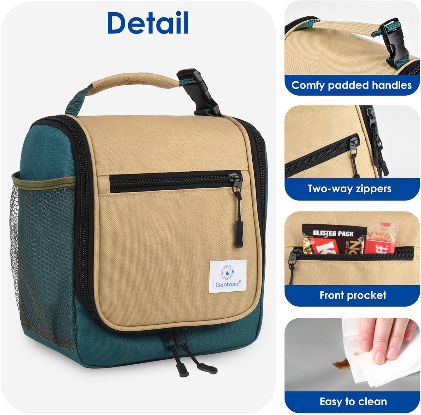 Genteen Kids Lunch Box, Insulated Lunch Bag for Kids, Toddler, Girl, and Boy; Holds Lunch Box, Water Bottle, & Snacks; Easy-Clean Water-Resistant Fabric & Multiple Zippered Pockets (Yellow Blue)
