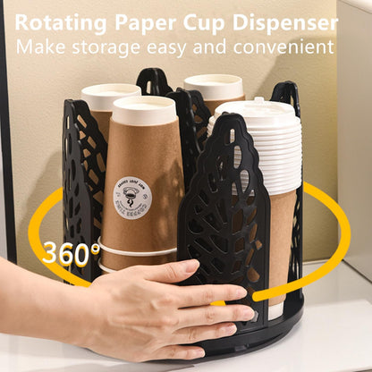 Rotating Paper Cup Dispenser Holder with 4 Compartments, Disposable Coffee Cup Storage & Lid Holder for Countertops, Kitchen, Coffee Stations (White)
