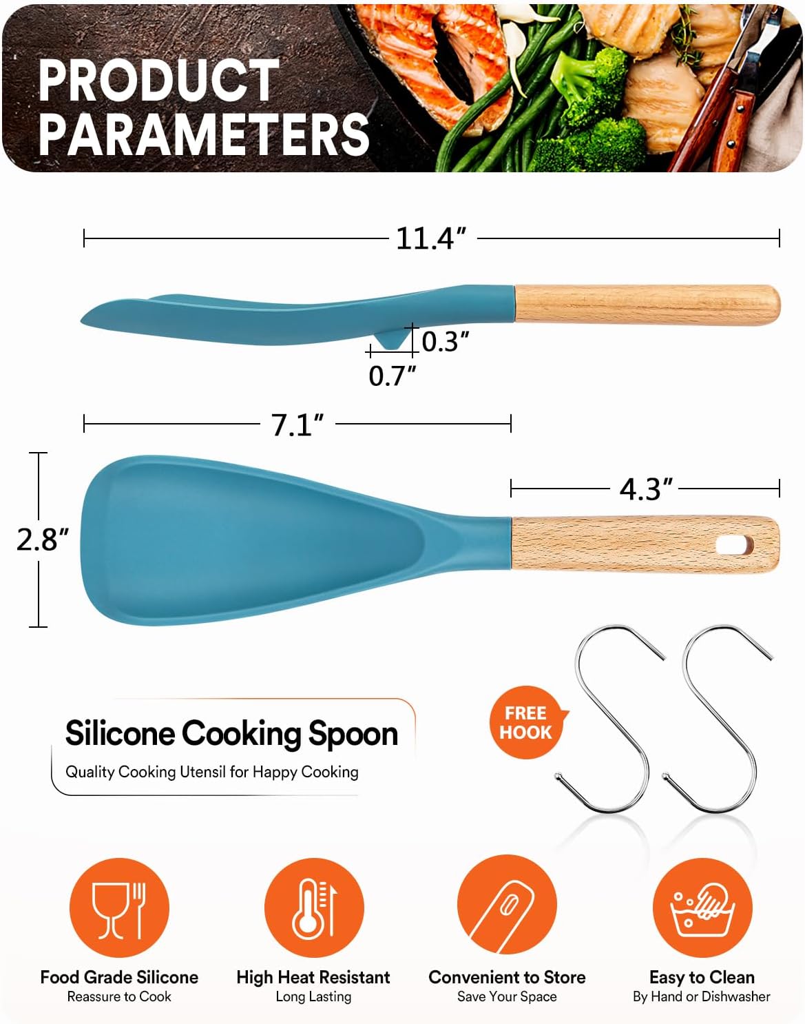 Cooking Spoon for Nonstick Cookwares, Great for Cooking and Serving Sturdy BPA-Free Matte Silicone, Wood Handle Spoon for Mixing, Scoop, and Scrape (Black & Grey, 11.4 inch)