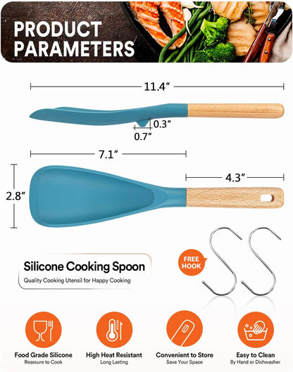 Cooking Spoon for Nonstick Cookwares, Great for Cooking and Serving Sturdy BPA-Free Matte Silicone, Wood Handle Spoon for Mixing, Scoop, and Scrape (Black & Grey, 11.4 inch)