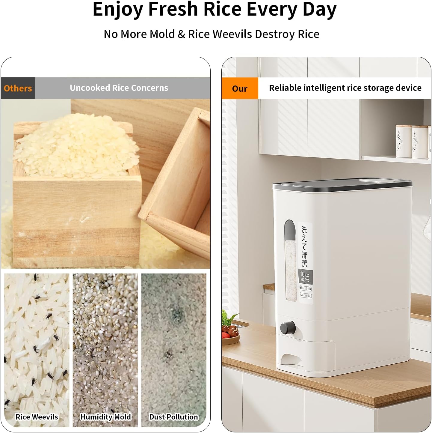 11/22 pound large capacity measuring cup rice dispenser | moisture-proof sealed rice storage box | moisture-proof and insect proof one click design for rice, beans, flour, and pet food (11, Pounds)
