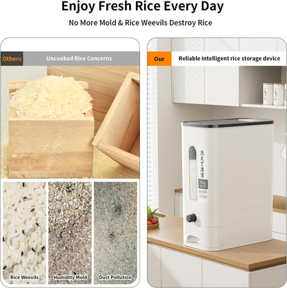 11/22 pound large capacity measuring cup rice dispenser | moisture-proof sealed rice storage box | moisture-proof and insect proof one click design for rice, beans, flour, and pet food (11, Pounds)