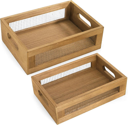 Dicunoy Set of 2 Decorative Wooden Crates, Rustic Countertop Nesting Basket with Handle, Antique Small Storage Containers for Fruit, Veggies, Kitchen, Bathroom, Shelf, Pantry, Gift Basket