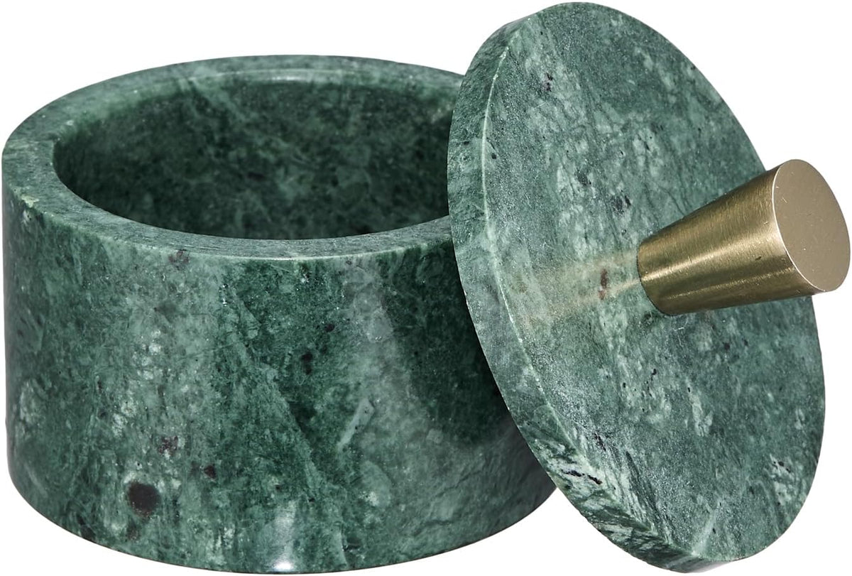 Queenza White Marble Salt Cellar with Lid and Brass Knob, 3 Inch Salt Box