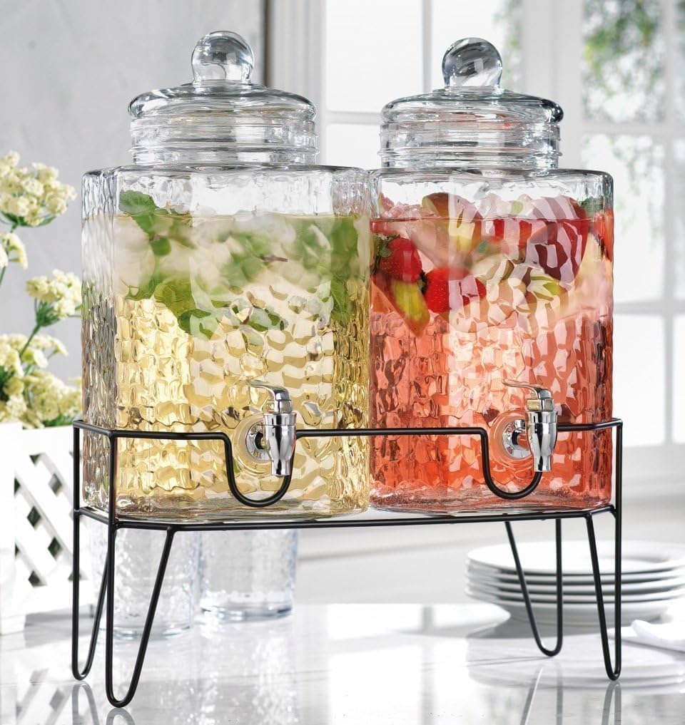 3 Gallon Glass Drink Dispenser with Metal Stand & Lid – Hammered Beverage Dispenser with Leakproof Spigot, Wide Mouth for Easy Fill – Ideal for Parties, Lemonade, Iced Tea, Sangria & More